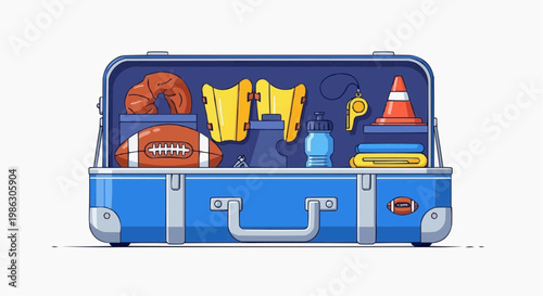 A blue suitcase packed with various sports equipment and tools for an athlete's journey.