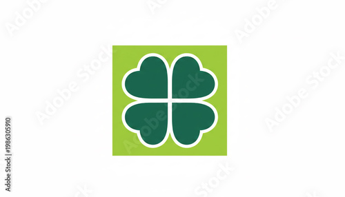 Cloverleaf icon with green heart-shaped leaves and a white outline on a lime background featuring clover, four leaf, shamrock with lucky symbol and