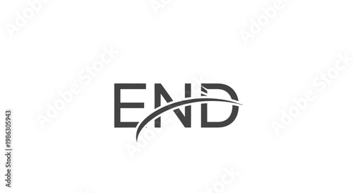 Minimalist Black 'END' Text with Curved Line on Isolated White Background, Simple Typography Design