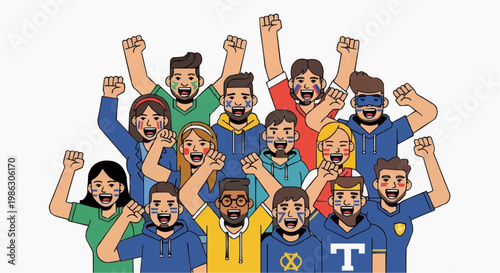 A vibrant illustration of a diverse group of people celebrating with raised fists in a colorful and lively scene.