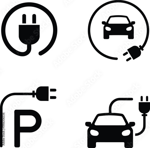 Electric vehicle charging station icons power parking and car symbols