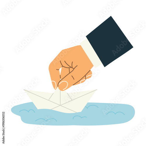 businessman hand placing origami paper boat into water, concept of launching idea, startup project, business risk and strategy - vector illustration