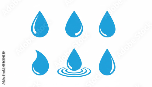 Water drop icon set with blue droplets and ripple waves for hydration, cleansing, and water conservation themes