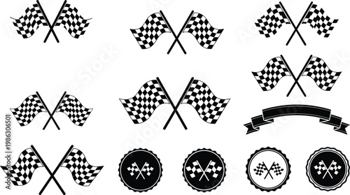 Checkered Racing Flag Icon Set with Crossed Finish Line Symbols, Competition Badges, and Victory Ribbons for Automotive Sports, Motor Racing, and Championship Event Designs