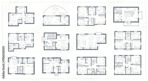 Collection of Various House and Apartment Floor Plans for Architectural Design on Isolated White Background