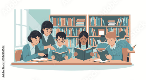 Focused Young Students Reading Books Together in a School Library with Bookshelves in the Background, Engaged in Collaborative Learning