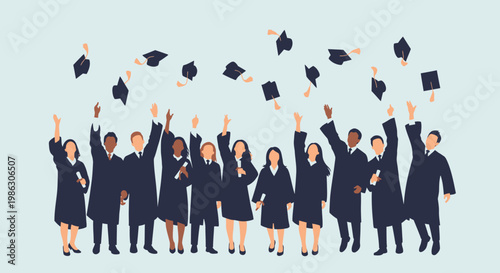 Diverse Group of Happy Graduates Throwing Academic Caps in the Air, Celebrating Commencement Ceremony with Joyful Mood Outdoors