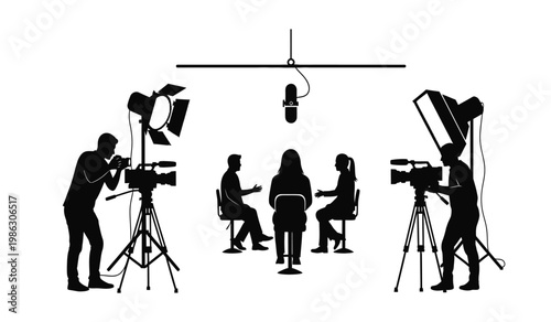 A black and white illustration depicts a television studio setup with cameras lights and personnel showcasing a dynamic interview scene silhouette high quality professional