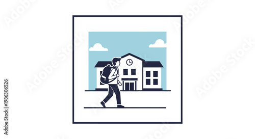 School Student with Backpack Walking to School Building Under Blue Sky, Square Frame