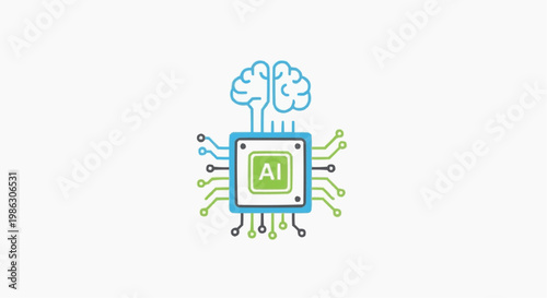 A vector graphic illustration of a microchip with a brain and AI symbol, representing artificial intelligence and technology