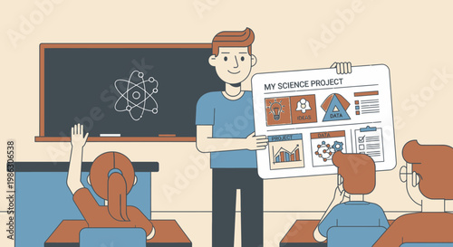 Caring Male Teacher Presenting Science Project to Curious Students in a Classroom with Blackboard Background