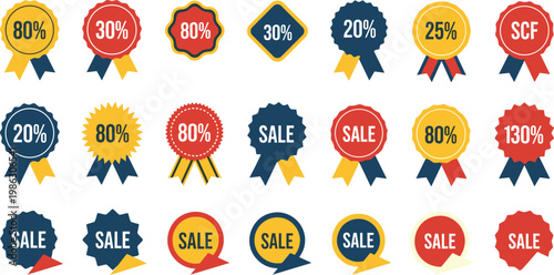 Collection of Sale and Discount Promotion Ribbon Badges and Percentage Off Stickers for Retail Marketing, E-commerce Websites, Seasonal Offers, and Advertising Labels