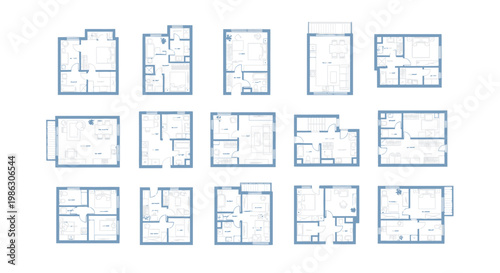 Set of Modern Apartment Layouts and Architectural Blueprints on Isolated White Background