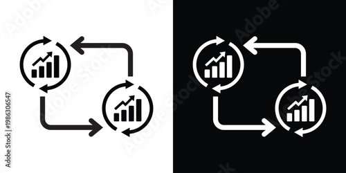 Vector icon of bar charts inside circular arrows, representing continuous data analysis, business performance monitoring, and recursive statistical reporting in a flat design style.