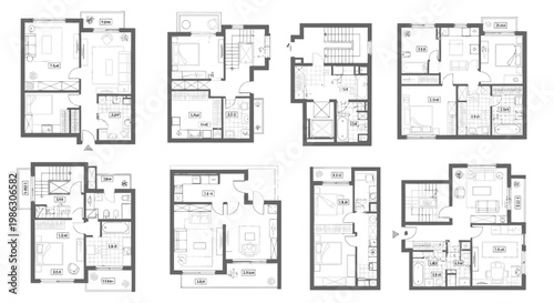 Collection of Detailed Apartment and House Floor Plans with Furniture Layouts on Isolated White Background