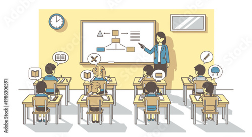 Engaged Female Teacher Explaining Diagram on Whiteboard to Diverse Students in a Bright Classroom