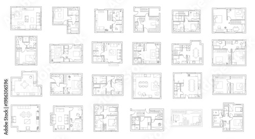 Large Set of Various Residential and Commercial Floor Plans on Isolated White Background