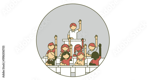 Diverse group of happy children enthusiastically raising hands in a classroom, eager to answer questions, in a bright studio.