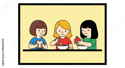 Three happy young girls enjoying healthy snacks including a cupcake, soup, and an apple in an indoor setting.