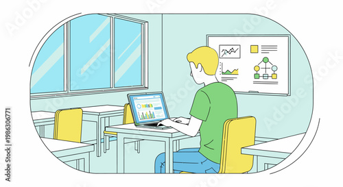 Focused male student working on a laptop and reviewing charts on a projector screen in a bright modern classroom setting.