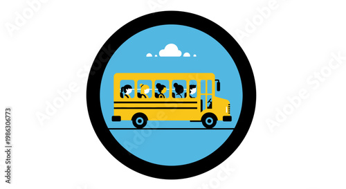 Iconic yellow school bus with children inside, driving under a blue sky in a circular frame.