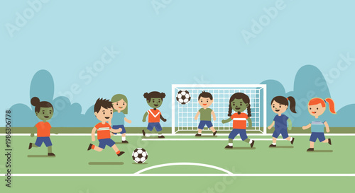 Diverse group of happy children actively playing soccer and scoring goals on a green outdoor field under a sunny sky.