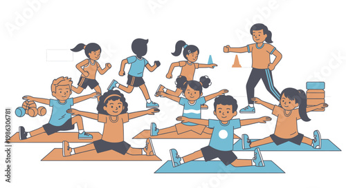Group of active children doing gymnastics and stretching exercises with a female instructor in a bright studio.