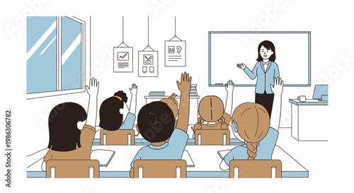 Female teacher explaining a lesson on a whiteboard to engaged students in a classroom, with several raising hands.