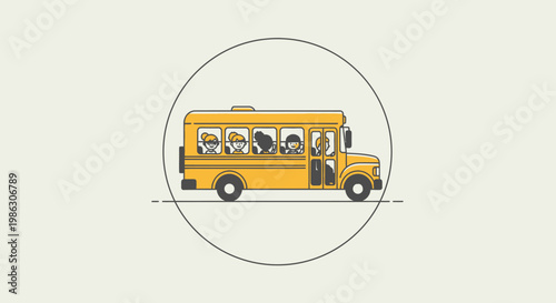 Classic yellow school bus transporting children, isolated on a light background in a circular frame.