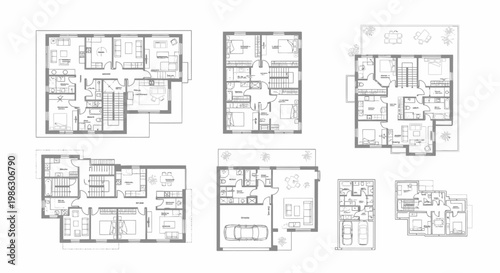 Set of various detailed architectural house floor plans on an isolated white background.