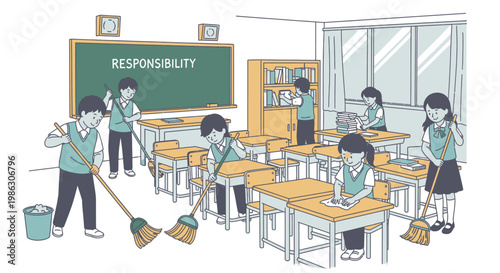 Diligent school children cleaning their classroom together, demonstrating responsibility.