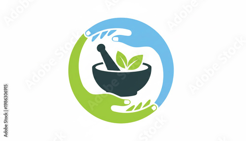 Mortar icon with pestle and sprouting green leaf inside blue and green circular badge for ecology and herbal themes