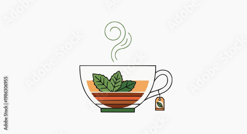 A minimalist vector illustration of a steaming cup of tea with leaves