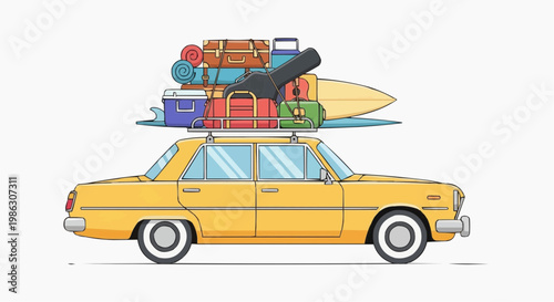 A colorful illustration of a yellow car packed with luggage and a surfboard on top, ready for a road trip