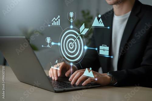 Business Strategy and Goal Achievement Concept with Businessman Touching Virtual Target and Marketing Icons