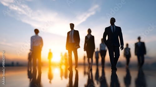 Diverse professionals walk into the golden hour light symbolizing collabo n journey and corporate success