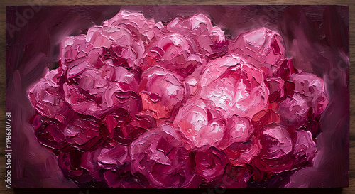 This rare earth mineral glows bright electric pink with thick heavy paint from a palette knife and layers of magenta and rose colors