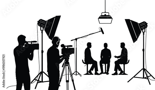 A black and white illustration depicts a film set with cameras lights and personnel showcasing a dramatic scene in silhouette high quality professional detailed