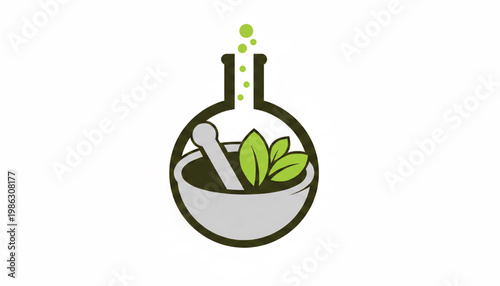 Flask lab icon with green leaves and liquid bubbles representing plant-based chemistry and sustainable research