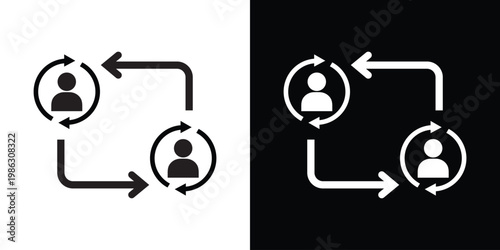 Human profile icons surrounded by circular rotation arrows and directional paths. Concept of staff rotation, user lifecycle, employee replacement, shift handover, and team management.
