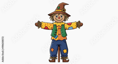 A colorful cartoon scarecrow illustration with a straw hat and patchwork clothes