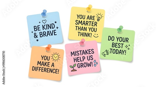 Collection of five motivational and inspirational sticky notes pinned with pushpins isolated on a white background