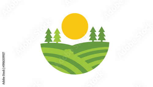 Forest landscape icon with sunrise sun over green hills and pine trees, flat nature scenery illustration