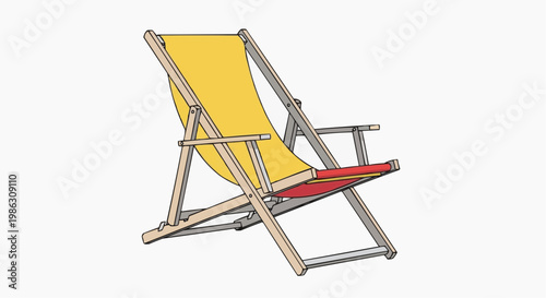 A vector graphic illustration of a yellow and red folding beach chair on a white background
