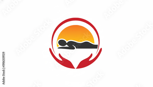 Landscape mountain icon with sun horizon and red hand outline for eco travel branding and protection logo design