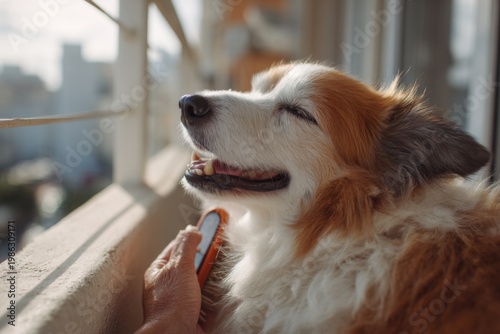 Dog enjoys grooming session on balcony during sunny afternoon in the city