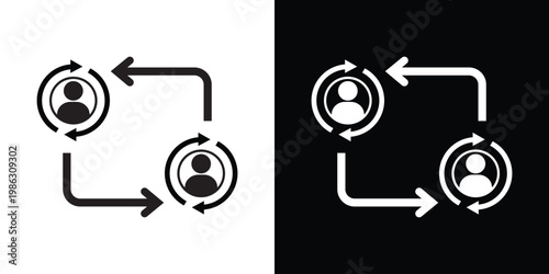 Human profile icons surrounded by circular rotation arrows and directional paths. Concept of staff rotation, user lifecycle, employee replacement, shift handover, and team management.