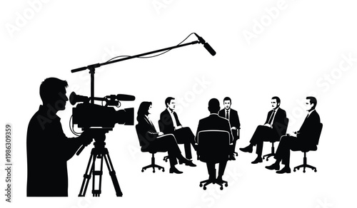 A black silhouette depicts a television interview setup including a camera operator seated guests and equipment reflecting modern media production techniques silhouette high quality