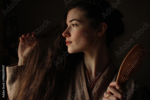 Woman brushes long hair in a dimly lit room during the morning hours while wearing a simple robe