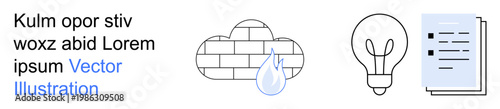 Technology, cloud storage, idea creation, data management, innovation, and documentation. Image features a cloud with raindrop, a light bulb and a stack of documents. Cloud storage and idea creation